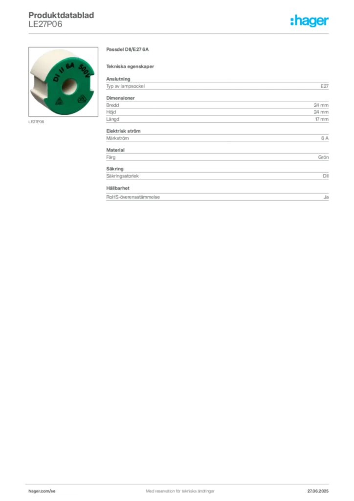 Bild Hager Produktdatablad LE27P06 | Hager Sverige