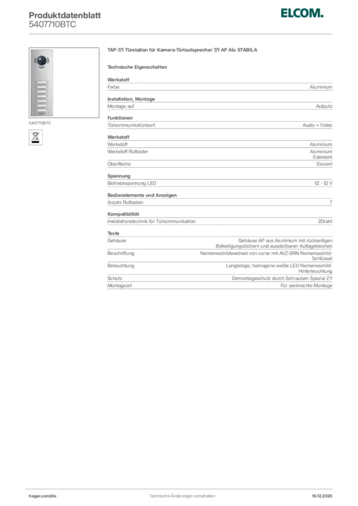 Bild Elcom Produktdatenblatt 5407710BTC | Hager Deutschland