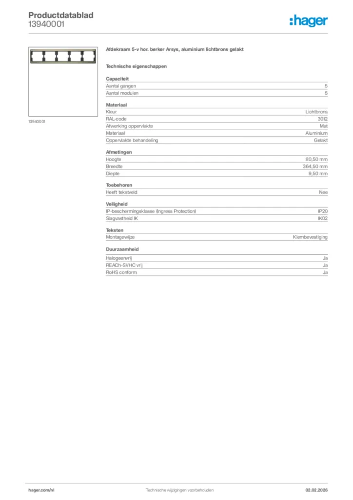 Afbeelding Hager Productdatablad 13940001 | Hager Nederland