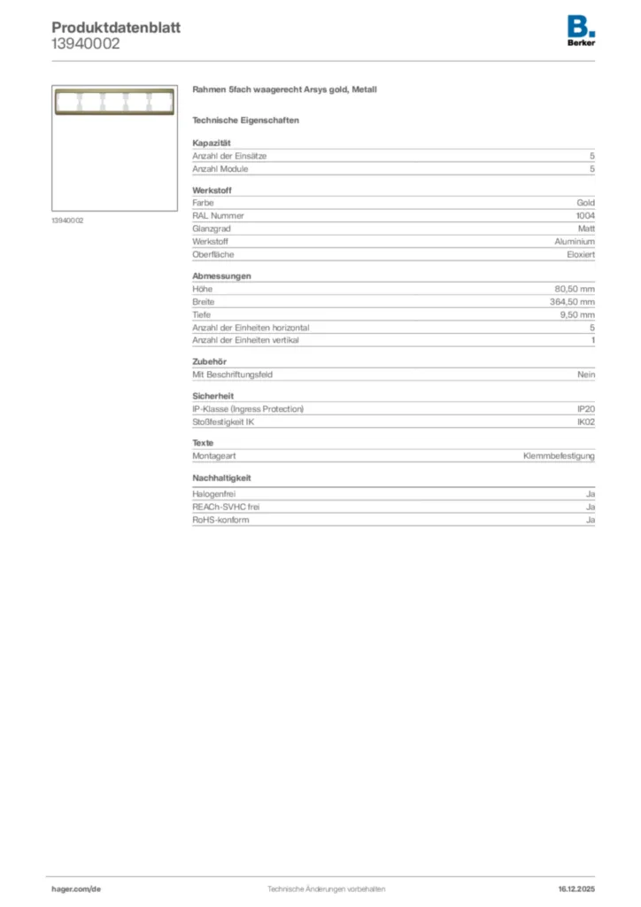 Bild Berker Produktdatenblatt 13940002 | Hager Deutschland