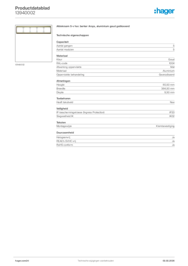 Afbeelding Hager Productdatablad 13940002 | Hager Nederland