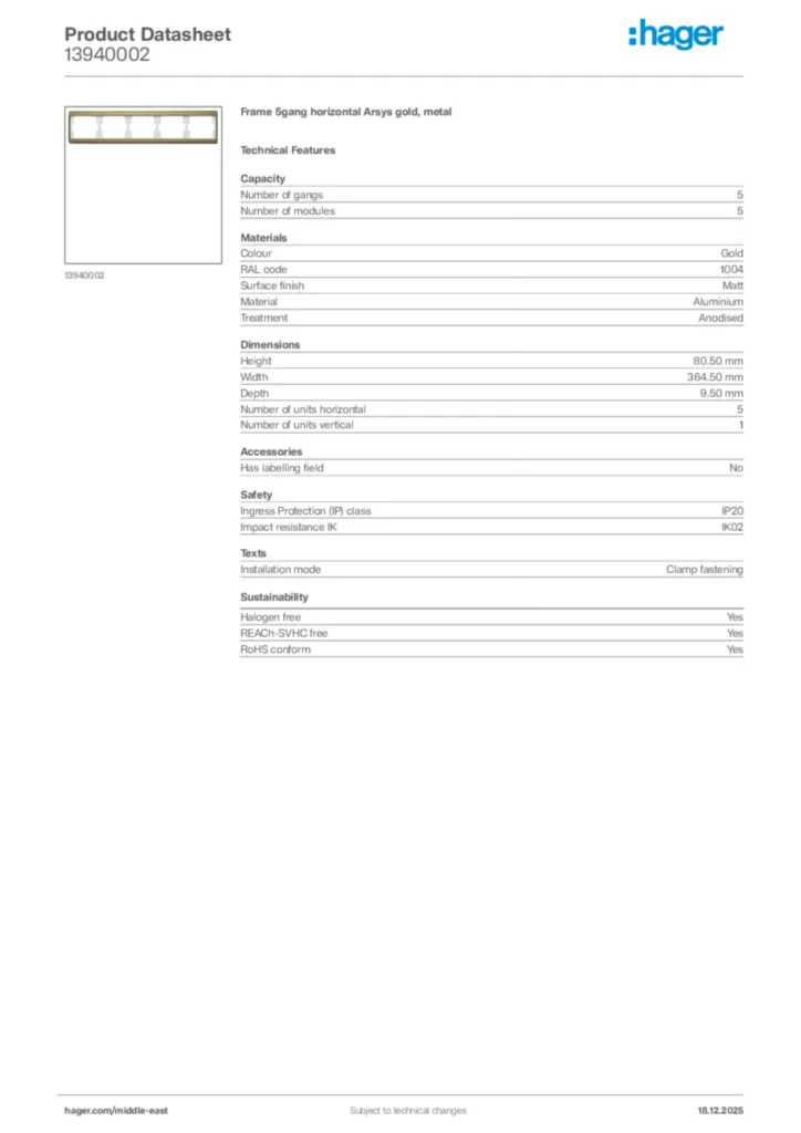 Image Hager Product data sheet 13940002  | Hager