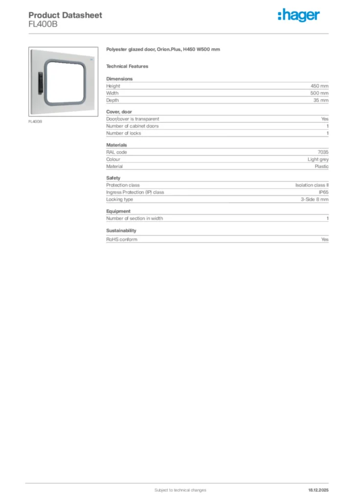 Image Hager Product data sheet FL400B  | Hager Africa
