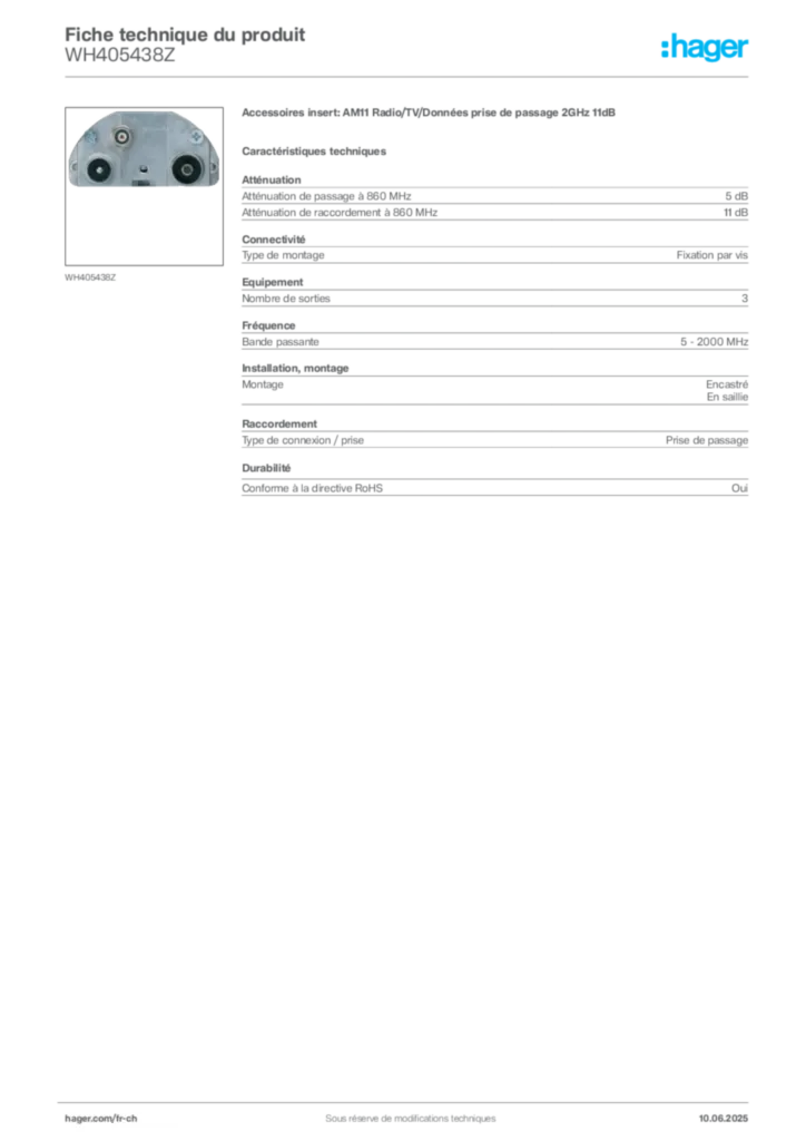 Image Hager Fiche technique du produit WH405438Z | Hager Suisse