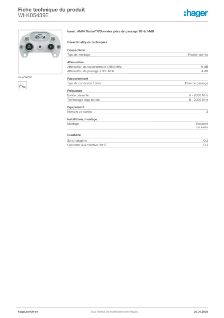 Image Hager Fiche technique du produit WH405439E | Hager Suisse