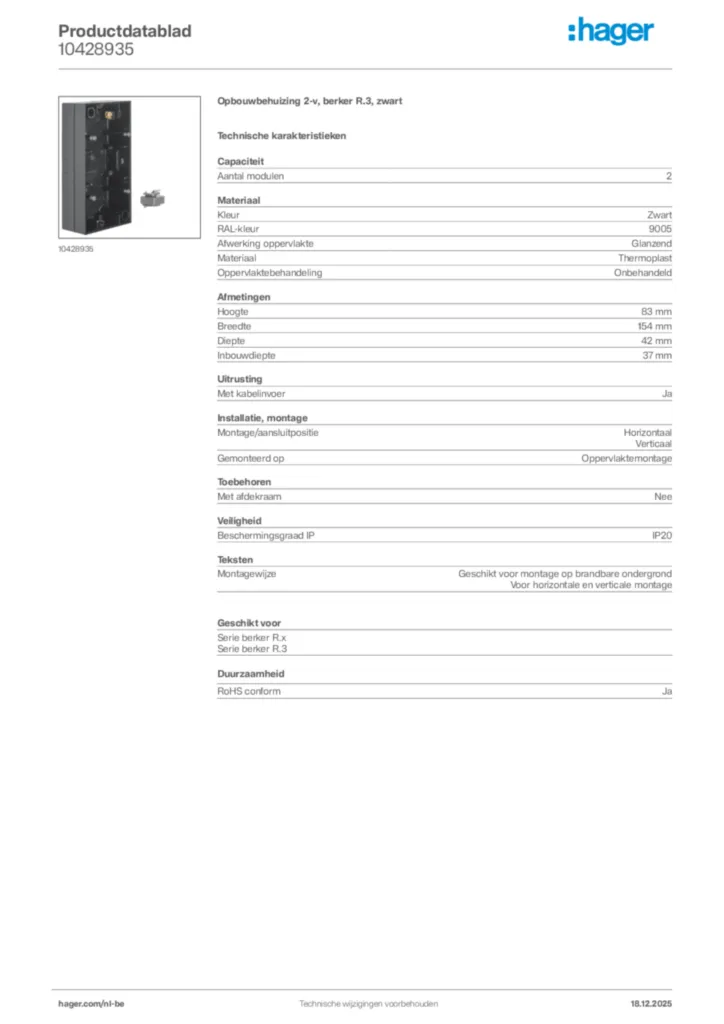 Afbeelding Hager Productdatablad 10428935 | Hager Belgium