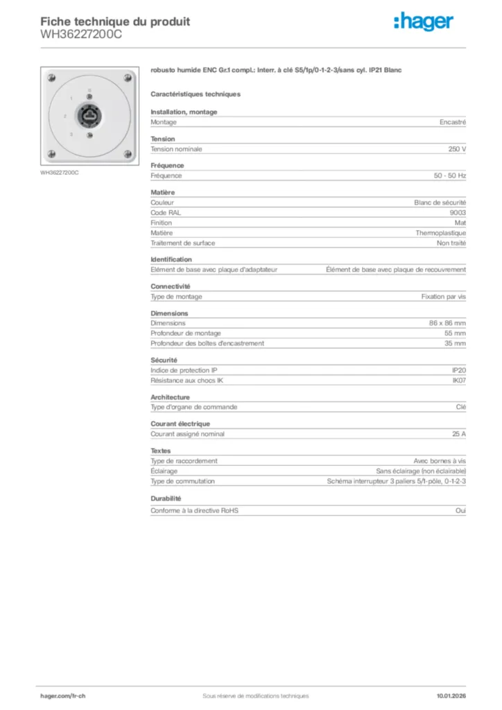 Image Hager Fiche technique du produit WH36227200C | Hager Suisse