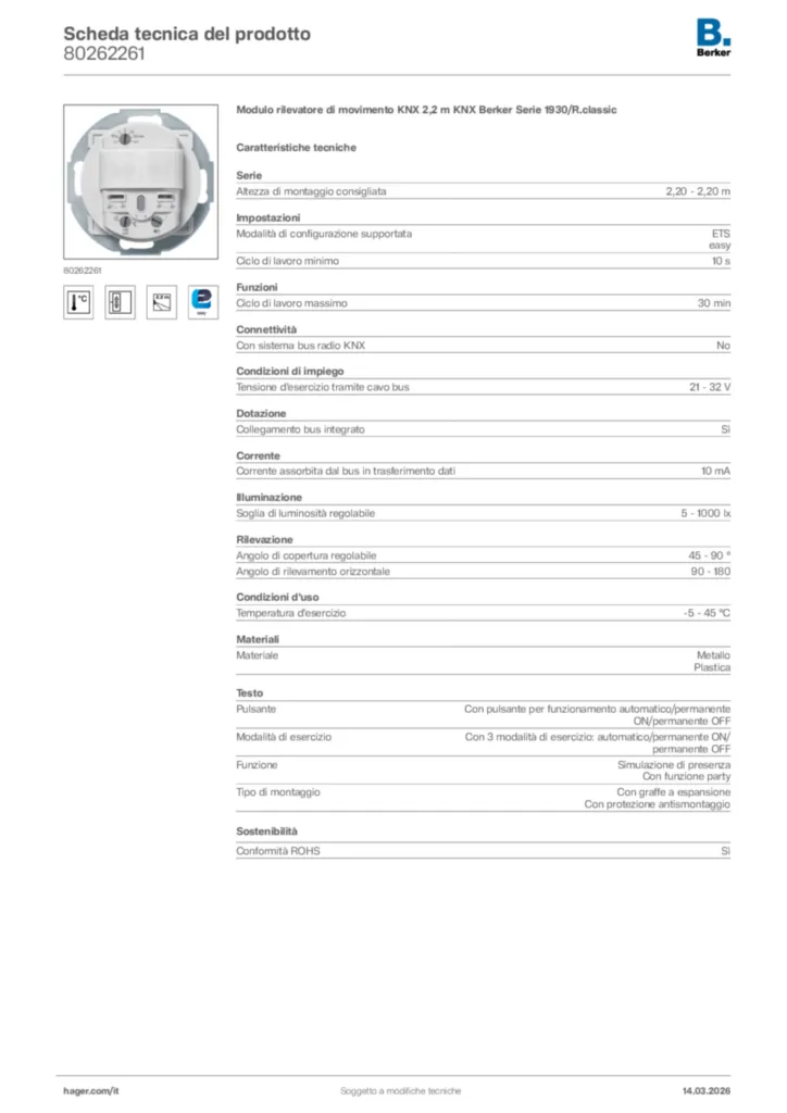 Immagine Berker Scheda tecnica del prodotto 80262261 | Hager Italia