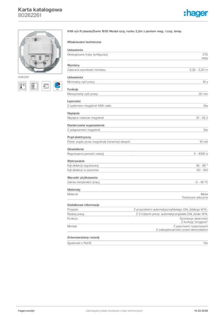 Zdjęcie Hager Karta katalogowa 80262261 | Hager Polska