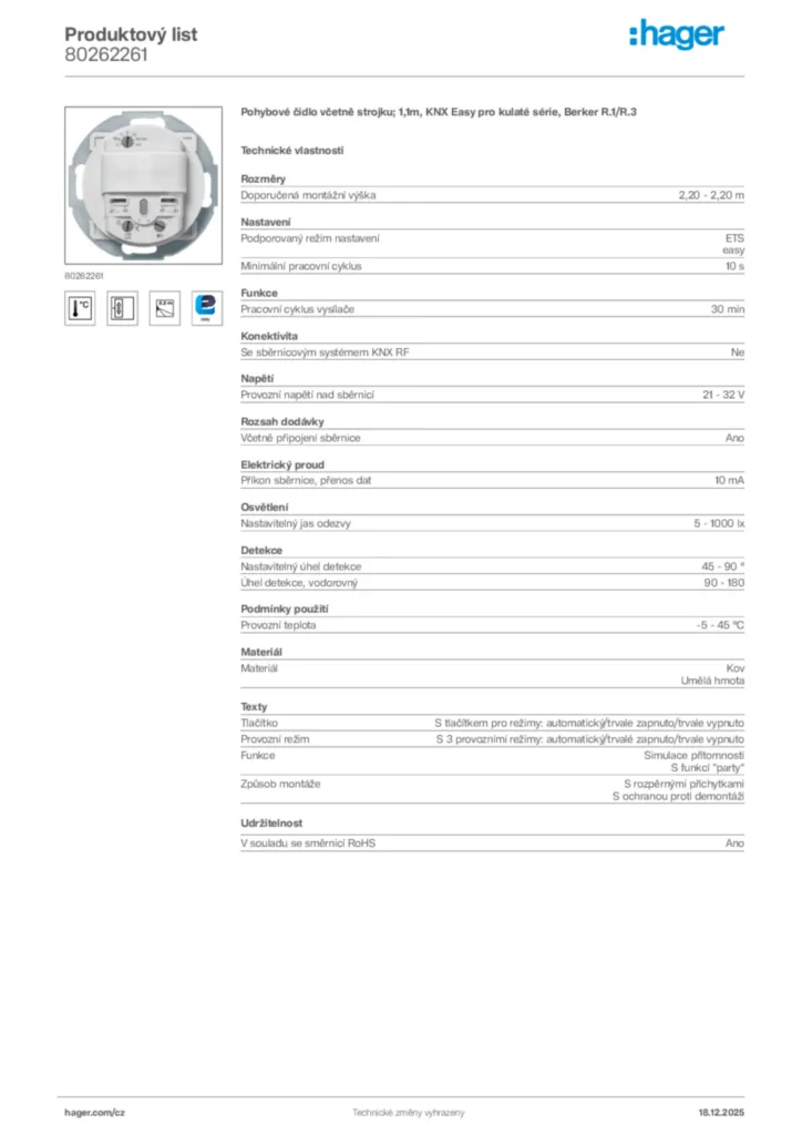 Obrázek Hager Produktový list 80262261 | Hager