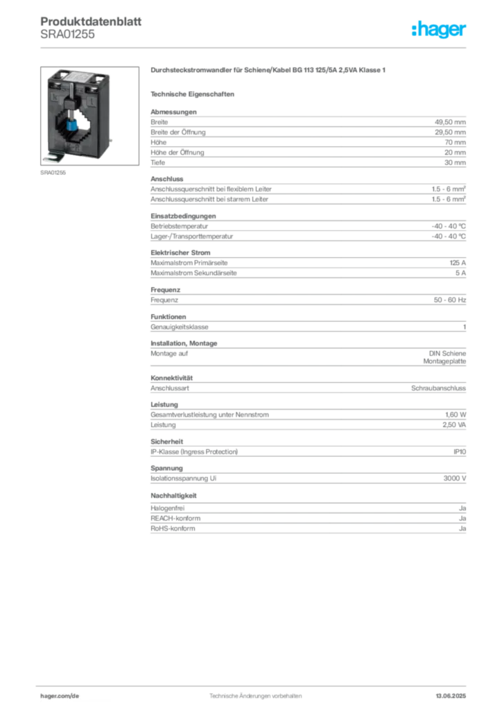 Hager Produktdatenblatt SRA01255