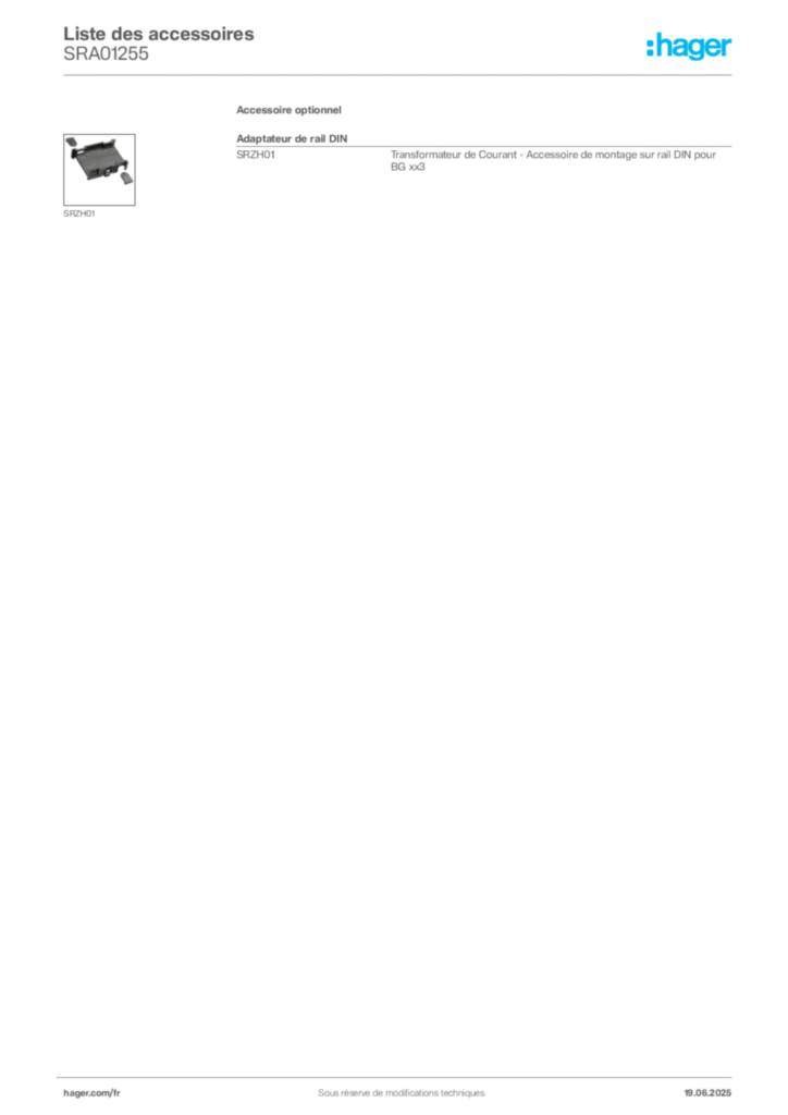Image Hager Fiche technique du produit SRA01255 | Hager France