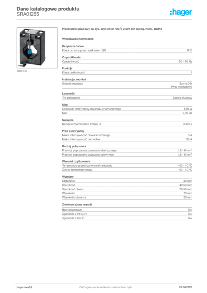 Zdjęcie Hager Karta katalogowa SRA01255 | Hager Polska