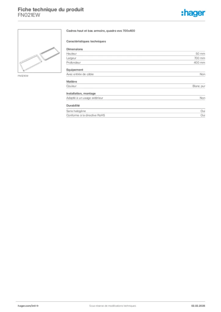 Image Hager Fiche technique du produit FN021EW | Hager Afrique