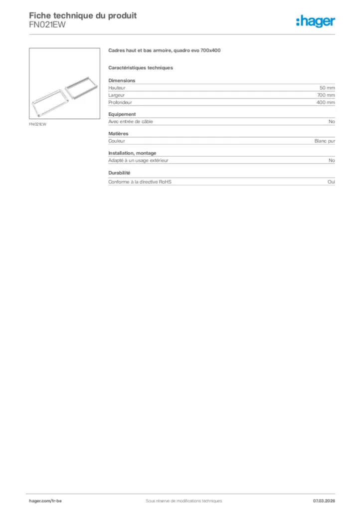 Image Hager Fiche technique du produit FN021EW | Hager Belgique