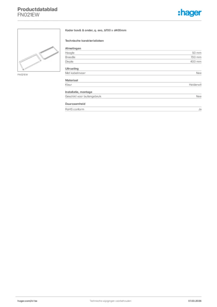 Afbeelding Hager Productdatablad FN021EW | Hager Belgium