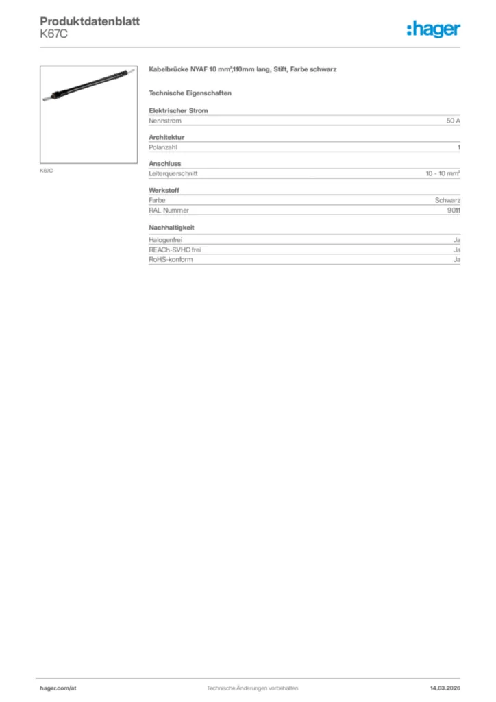 Bild Hager Produktdatenblatt K67C | Hager Deutschland