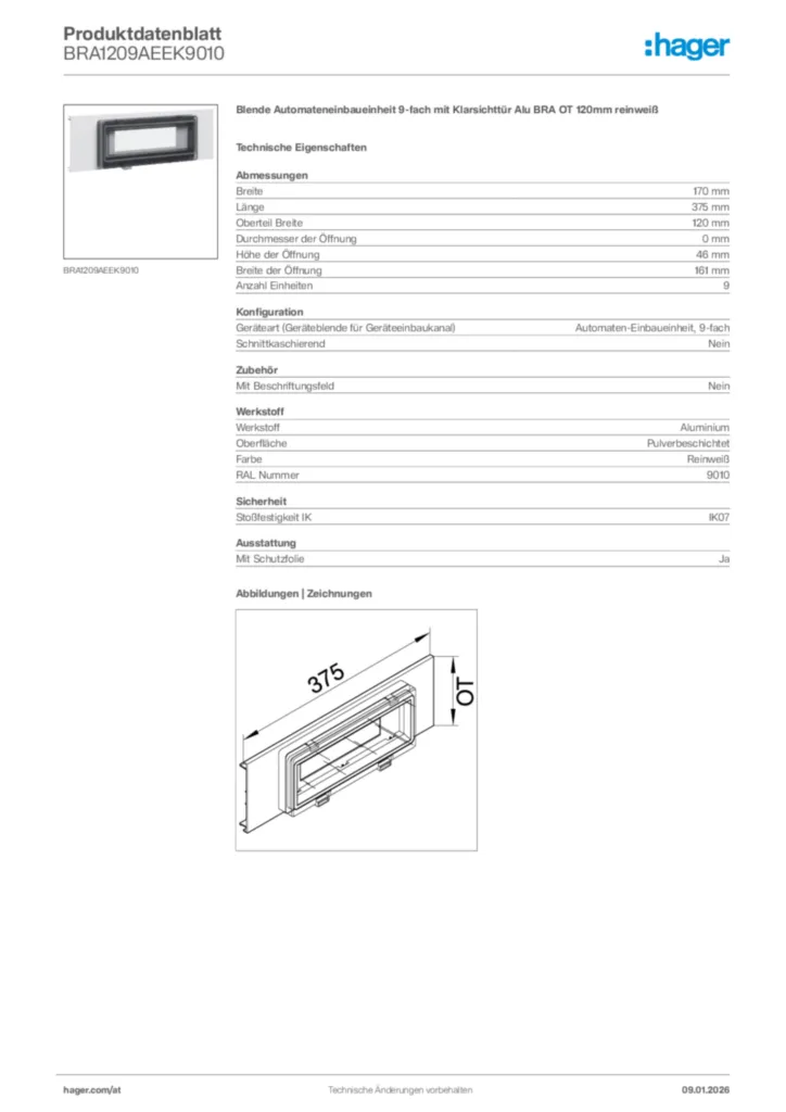 Bild Hager Produktdatenblatt BRA1209AEEK9010 | Hager Deutschland