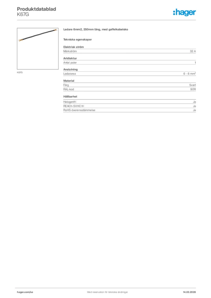 Bild Hager Produktdatablad K67G | Hager Sverige