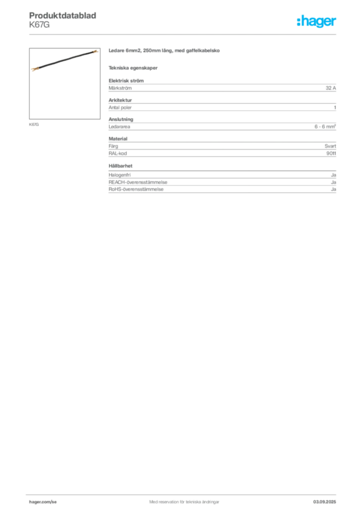 Bild Hager Produktdatablad K67G | Hager Sverige
