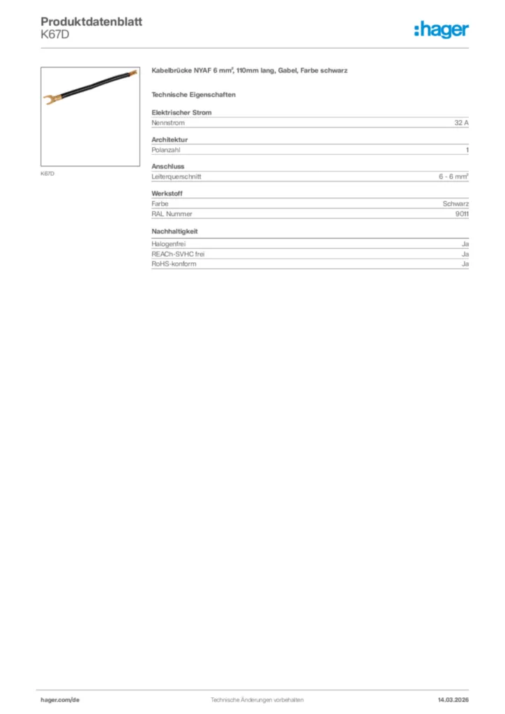 Bild Hager Produktdatenblatt K67D | Hager Deutschland