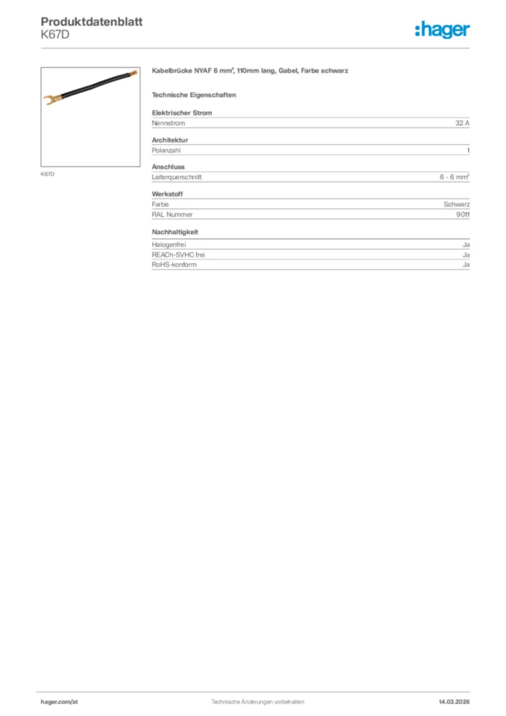 Bild Hager Produktdatenblatt K67D | Hager Deutschland