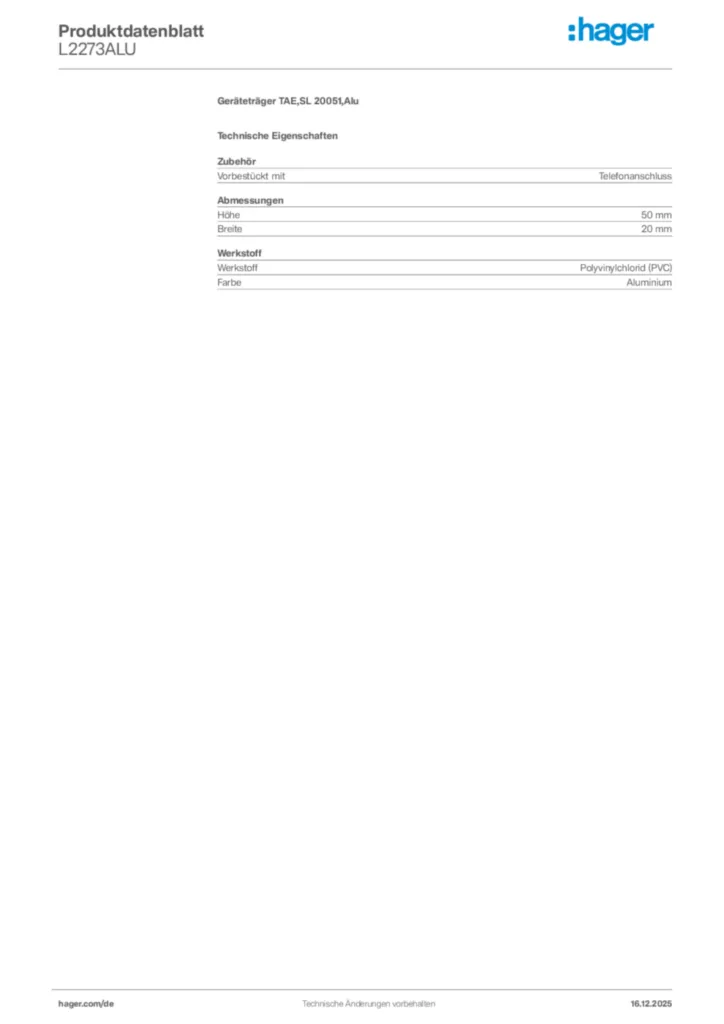 Bild Hager Produktdatenblatt L2273ALU | Hager Deutschland