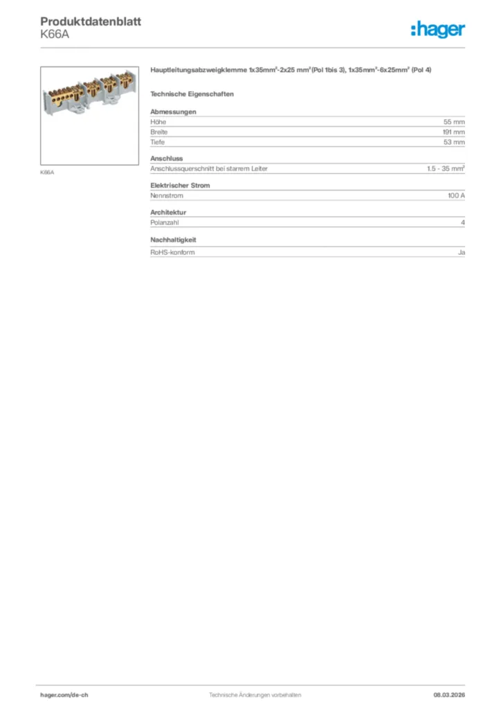 Bild Hager Produktdatenblatt K66A | Hager Schweiz
