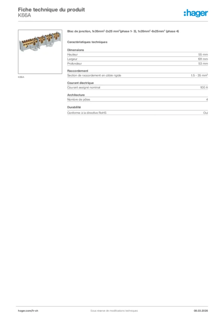 Image Hager Fiche technique du produit K66A | Hager Suisse