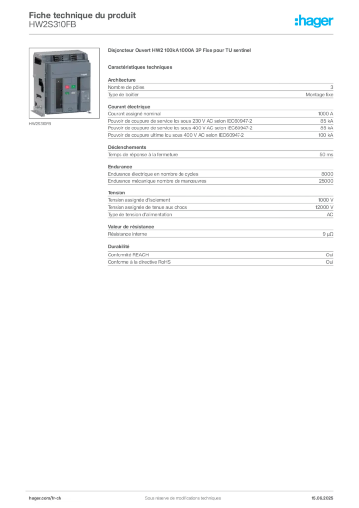 Image Hager Fiche technique du produit HW2S310FB | Hager Suisse