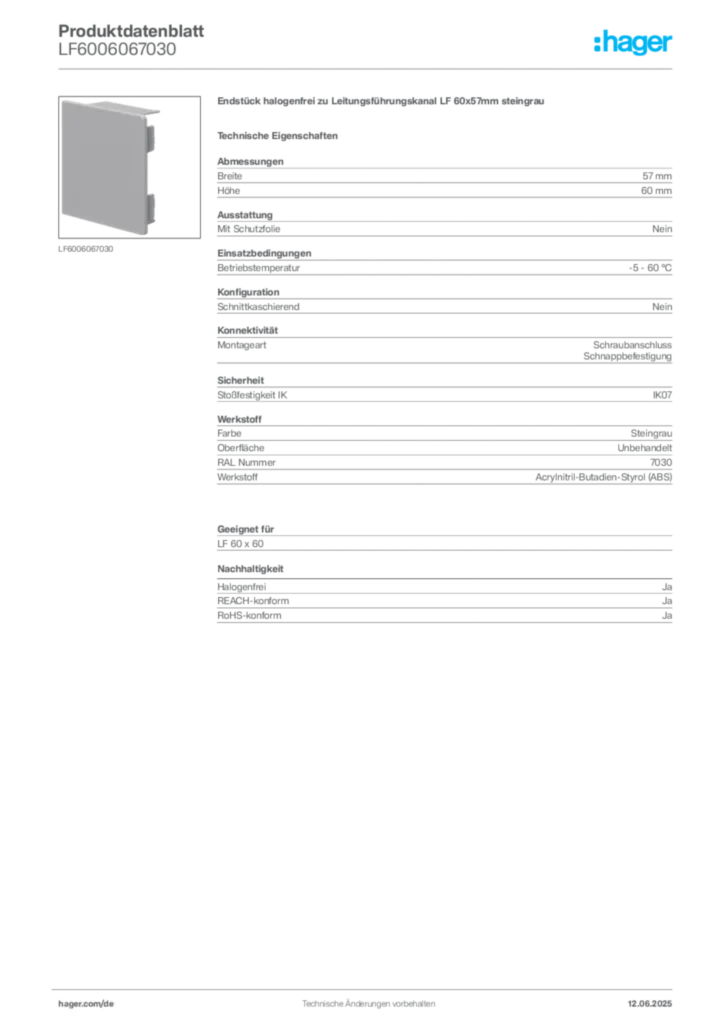 Bild Hager Produktdatenblatt LF6006067030 | Hager Deutschland