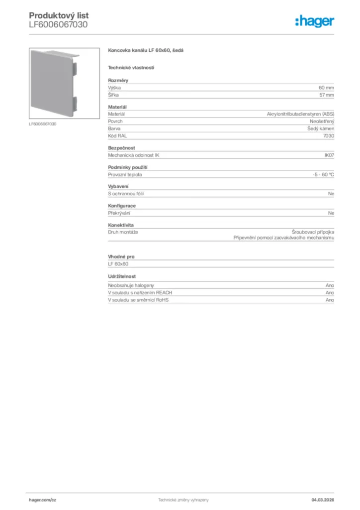 Obrázek Hager Product data sheet LF6006067030 | Hager