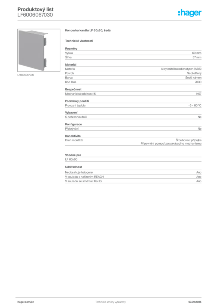 Obrázek Hager Produktový list LF6006067030 | Hager
