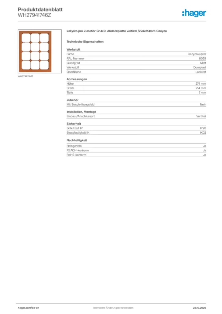 Bild Hager Produktdatenblatt WH27941746Z | Hager Schweiz