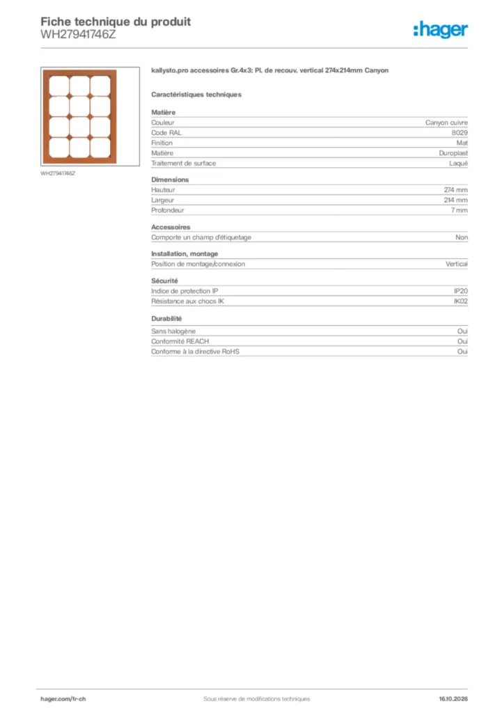 Image Hager Fiche technique du produit WH27941746Z | Hager Suisse