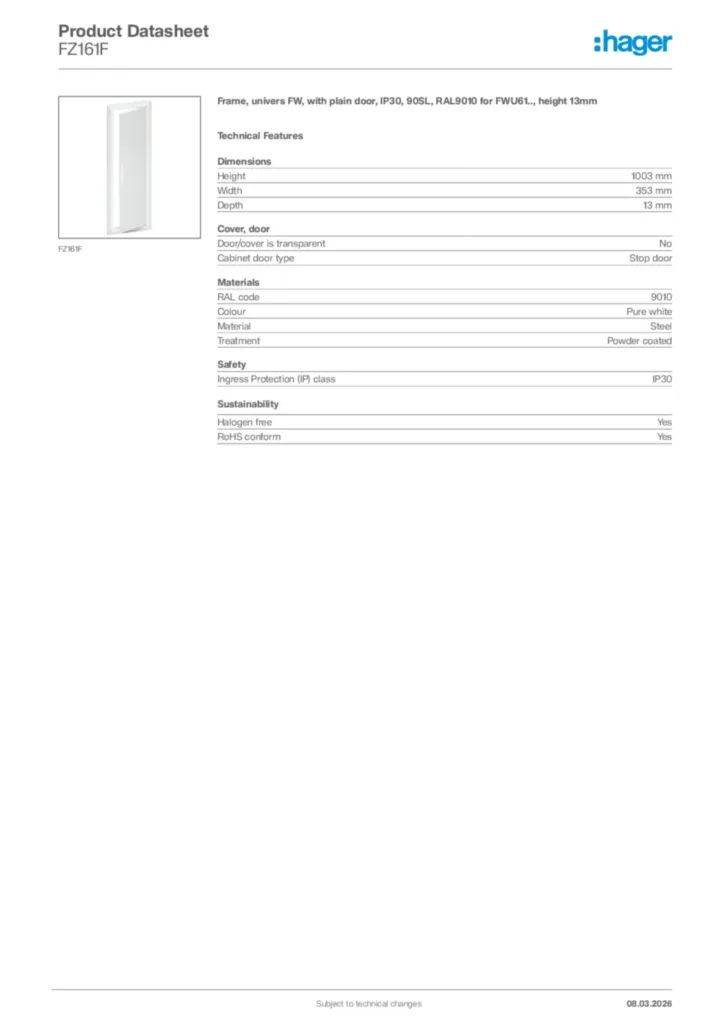 Image Hager Product data sheet FZ161F  | Hager Africa