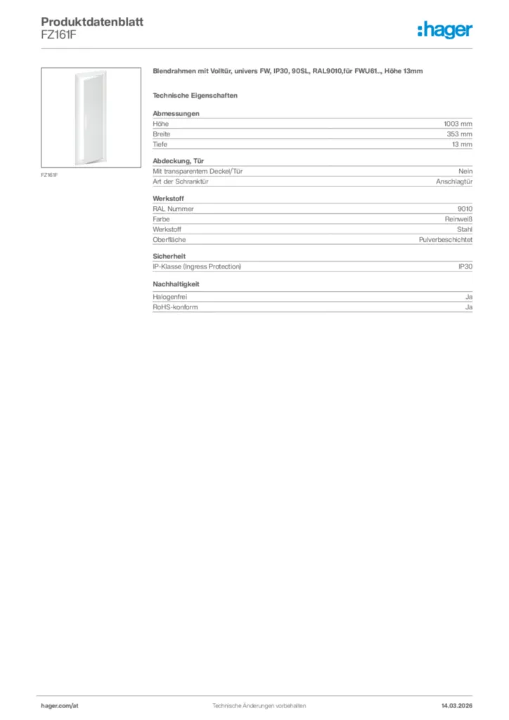 Bild Hager Produktdatenblatt FZ161F | Hager Deutschland