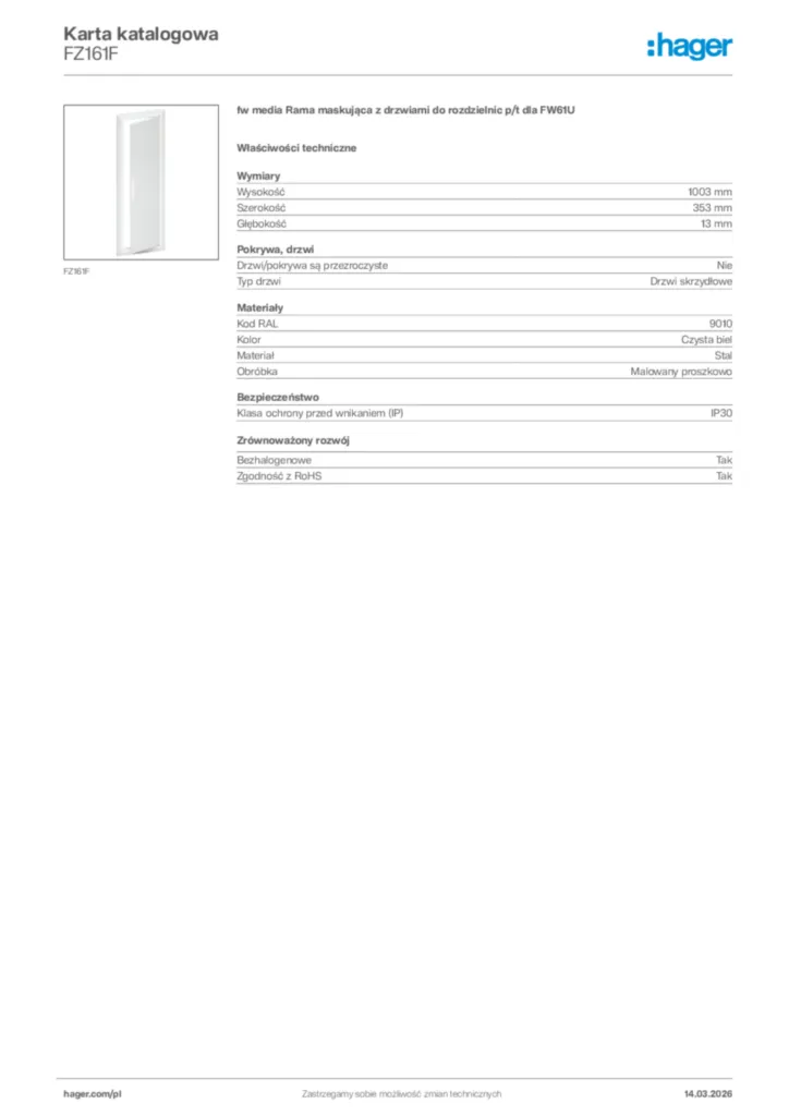 Zdjęcie Hager Karta katalogowa FZ161F | Hager Polska