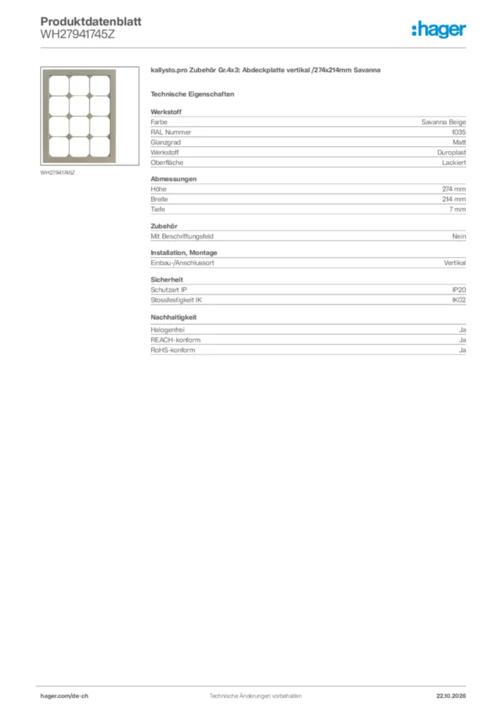 Bild Hager Produktdatenblatt WH27941745Z | Hager Schweiz