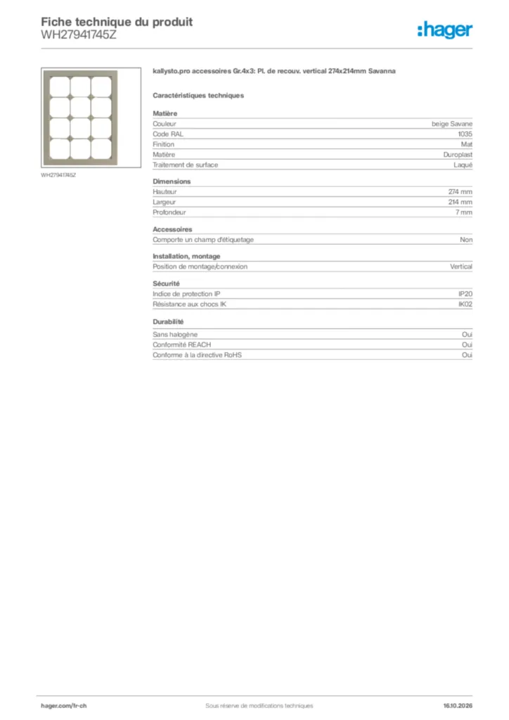 Image Hager Fiche technique du produit WH27941745Z | Hager Suisse