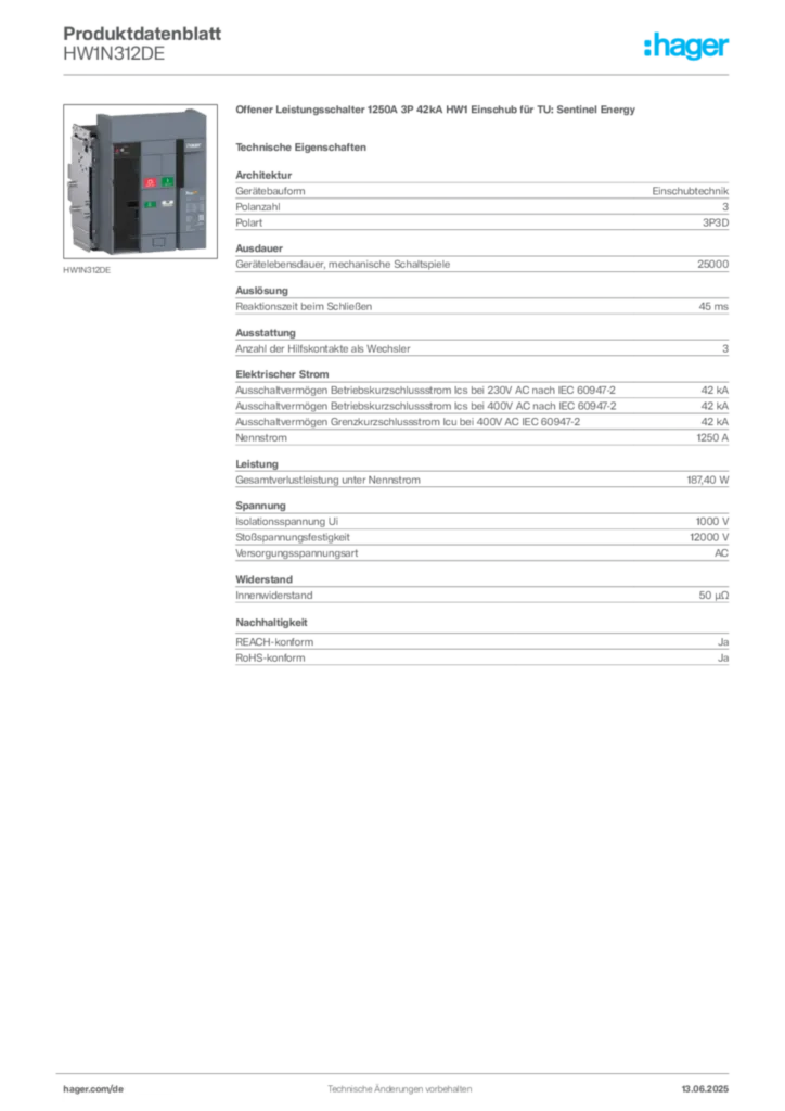 Bild Hager Produktdatenblatt HW1N312DE | Hager Deutschland
