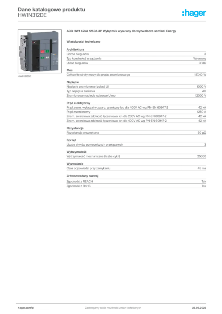 Zdjęcie Hager Karta katalogowa HW1N312DE | Hager Polska