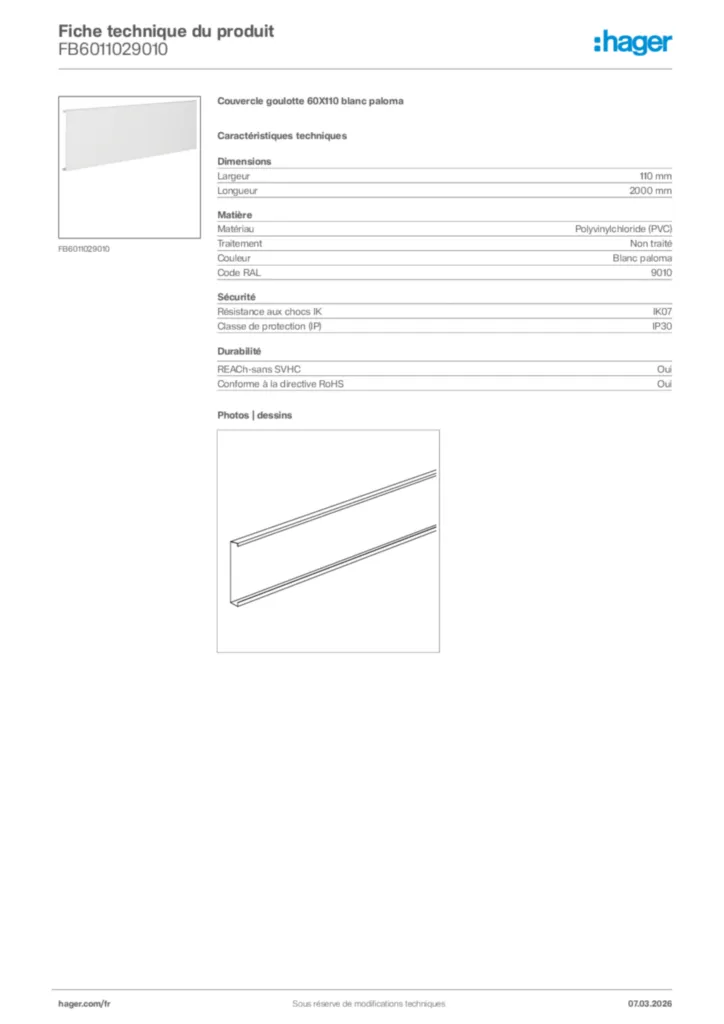 Image Hager Fiche technique du produit FB6011029010 | Hager France