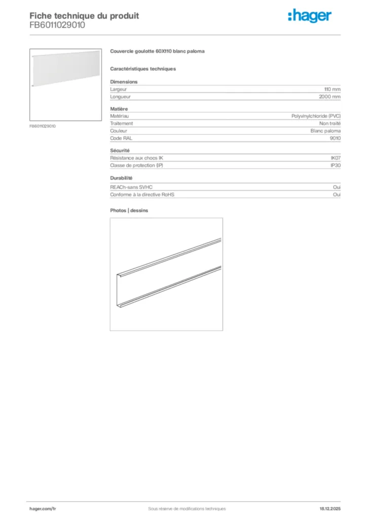 Image Hager Fiche technique du produit FB6011029010 | Hager France