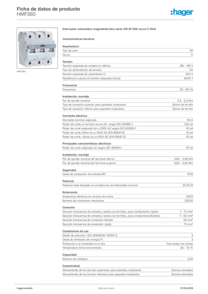 Imagen Hager Ficha de datos de producto HMF380 | Hager España