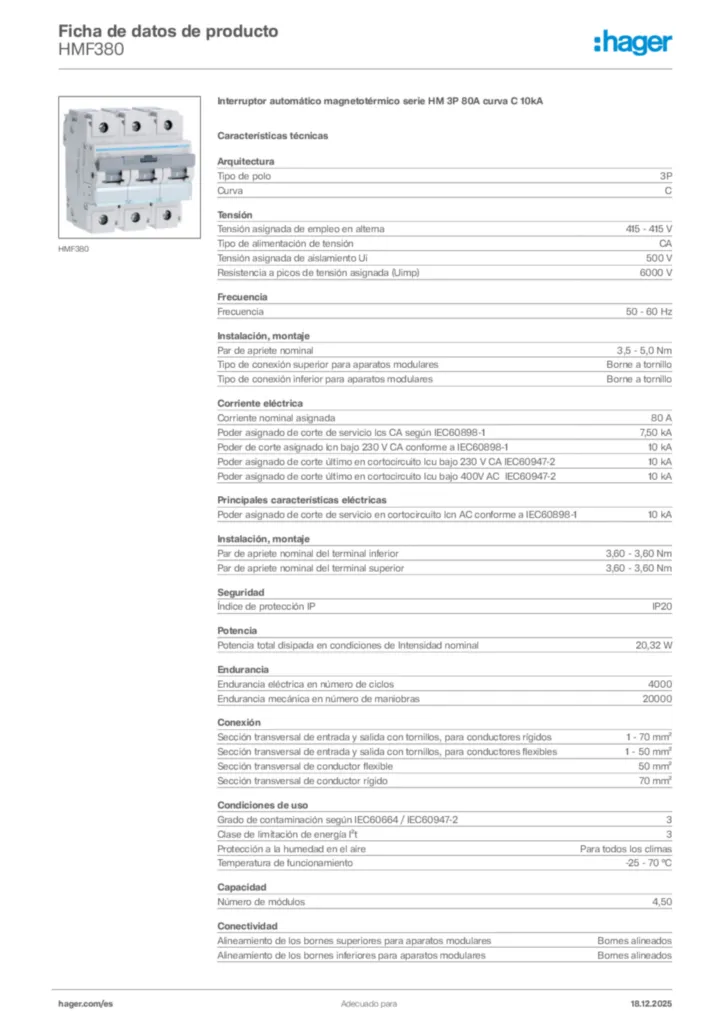 Imagen Hager Ficha de datos de producto HMF380 | Hager España