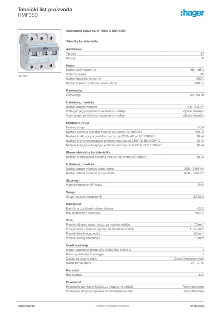 Slika Hager Tehnički list proizvoda HMF380  | Hager