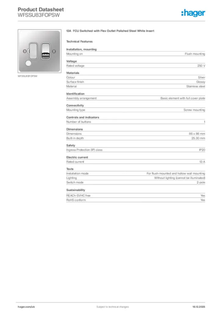 Image Hager Product data sheet WFSSU83FOPSW  | Hager