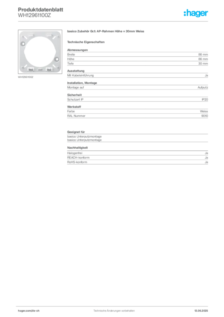 Bild Hager Produktdatenblatt WH12961100Z | Hager Schweiz