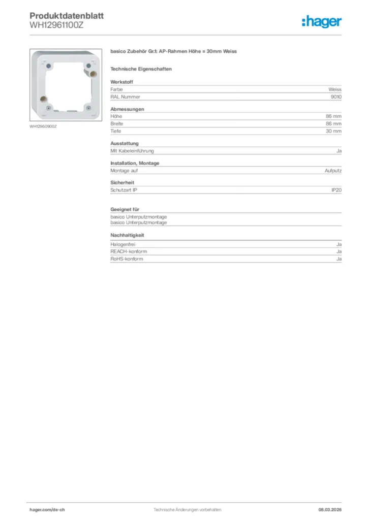 Bild Hager Produktdatenblatt WH12961100Z | Hager Schweiz